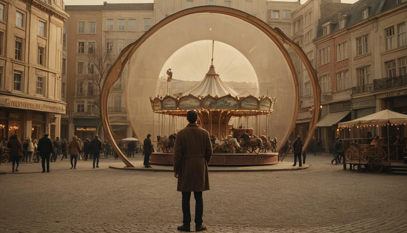 Nostalgic City View with Carousel in Cinematic Style