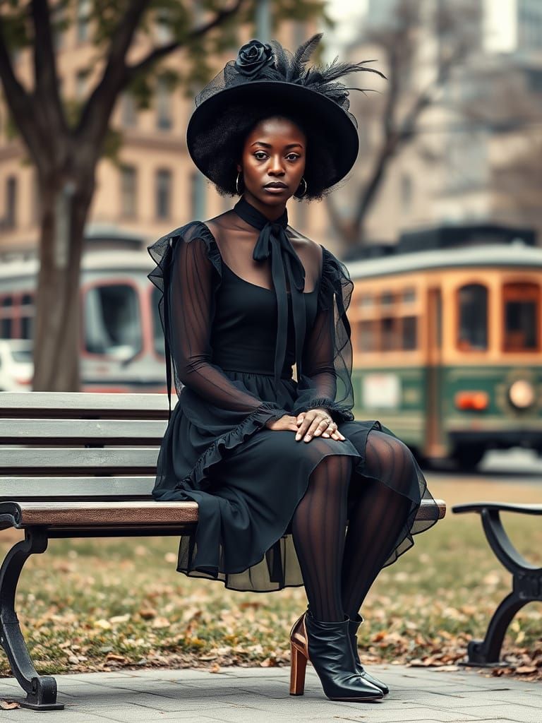 Stylish Black Woman in Afro Sits on Park Bench