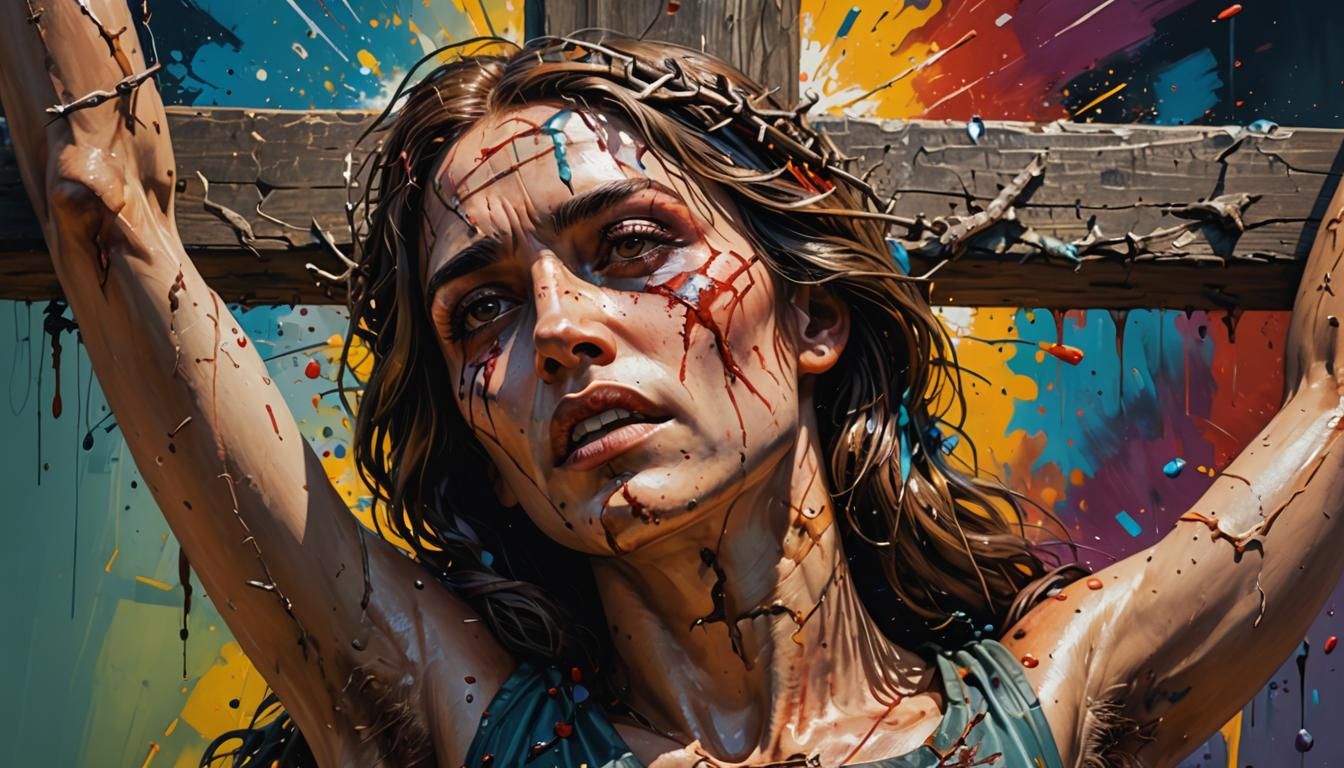Hyperrealistic Crucified Women in Splash Art Style