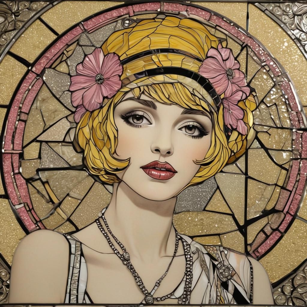 Stained Glass Flapper Portrait in Mosaic Style