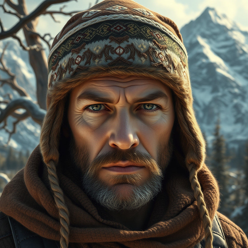 Mystical Mountains Portrait with Ushanka Hat, Digital Art