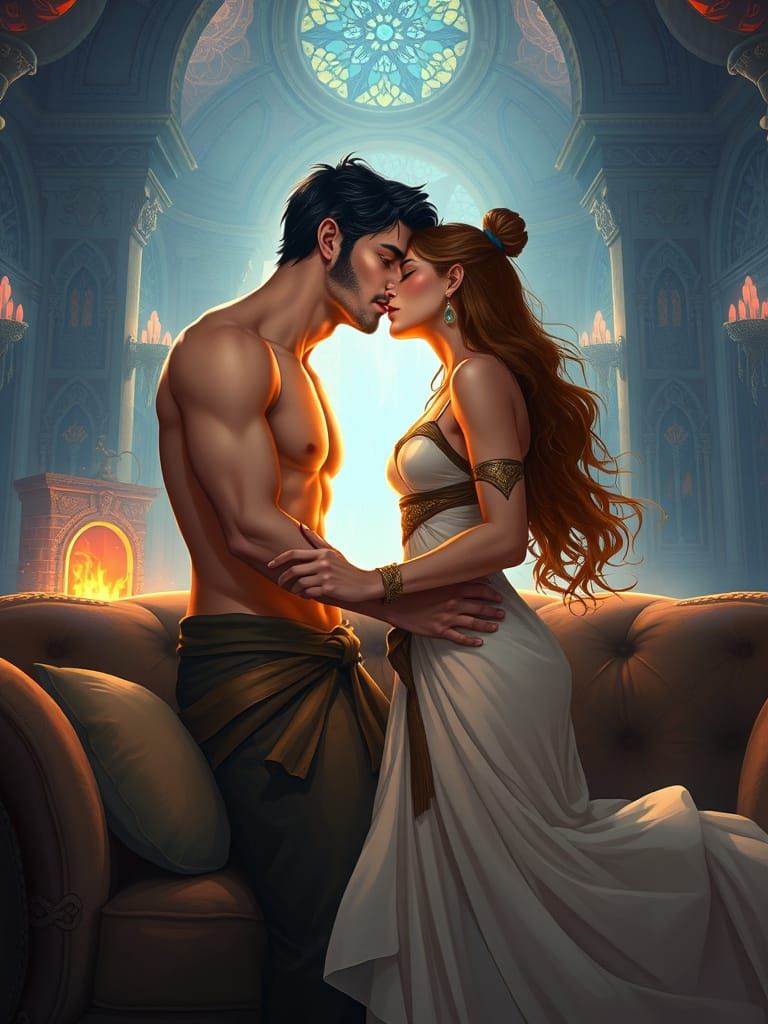 Romantic Kiss by Enchanted Fireplace: Digital Art