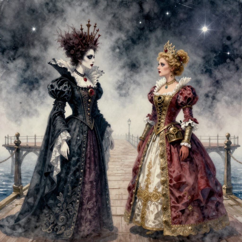 Sinister Queens Meet on Cosmic Pier in Watercolor