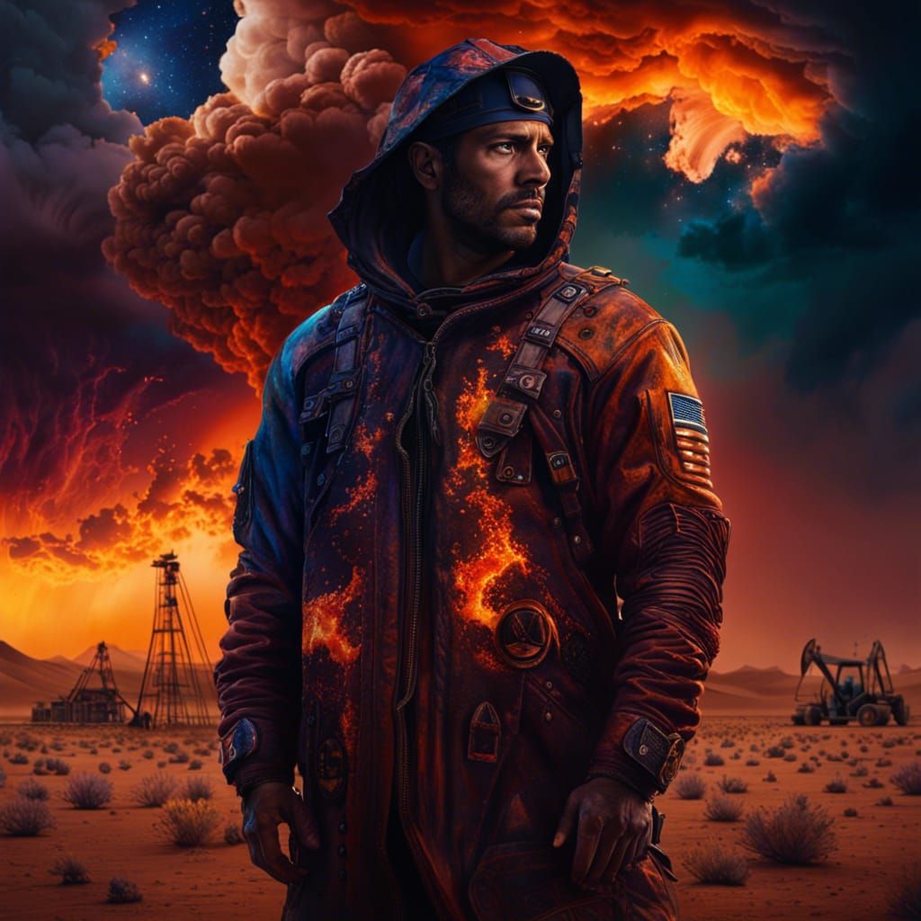 Oil Field Worker Portrait with Fiery Sunset Sky