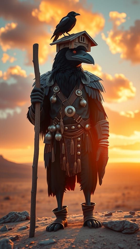 Anthropomorphic Crow Character in Desert Landscape at Sunset