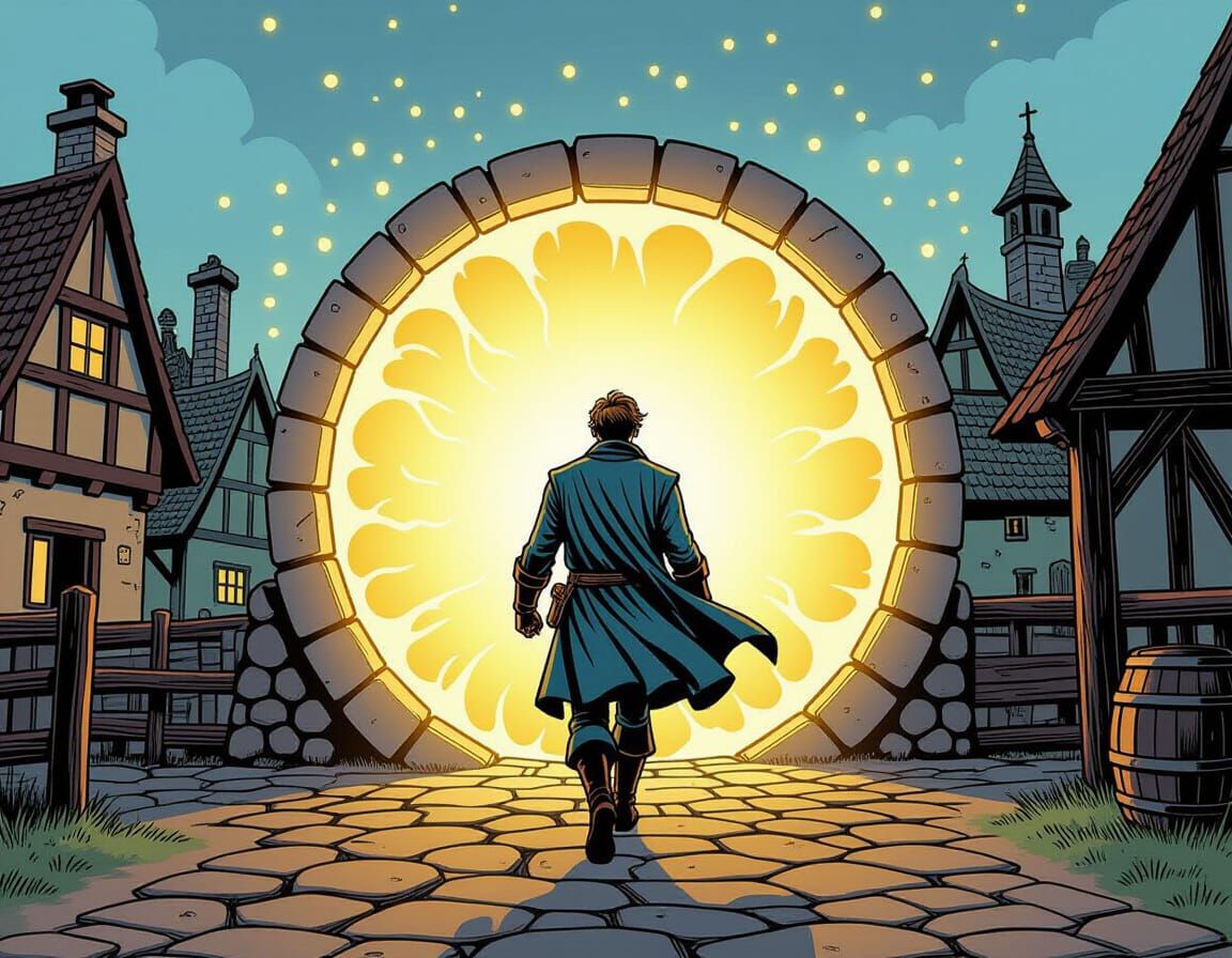 Scientist's Portal to Medieval Village Comic Art