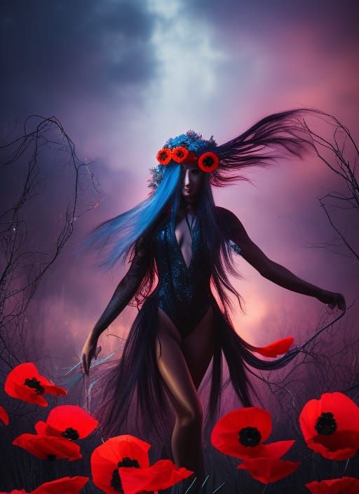 Macabre Night Wraith Dances with Poppies