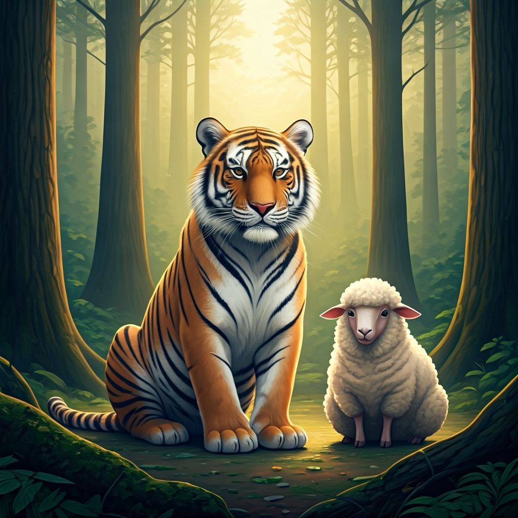 Tiger and Sheep Friends in Serene Forest