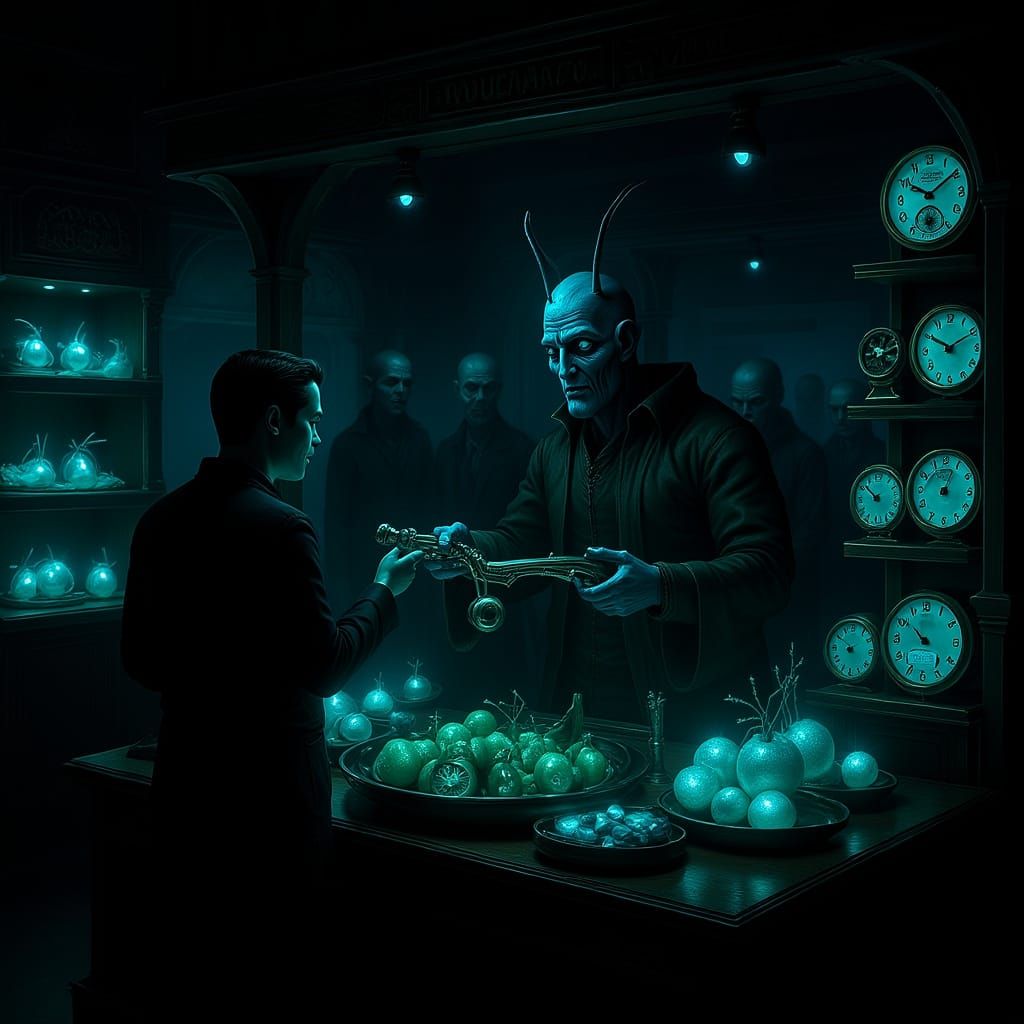 Alien Marketplace Bartering for Musical Instrument