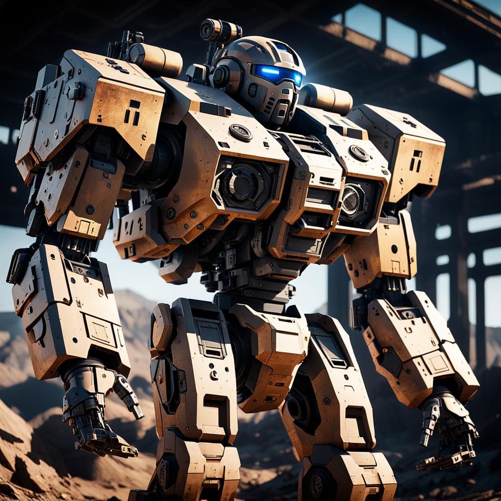 Sci-Fi Sniper Mech in War-Torn Landscape