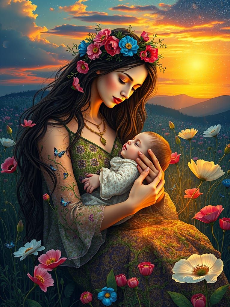 Mother and Child in Vibrant, Dreamlike Scene with Swirling E...