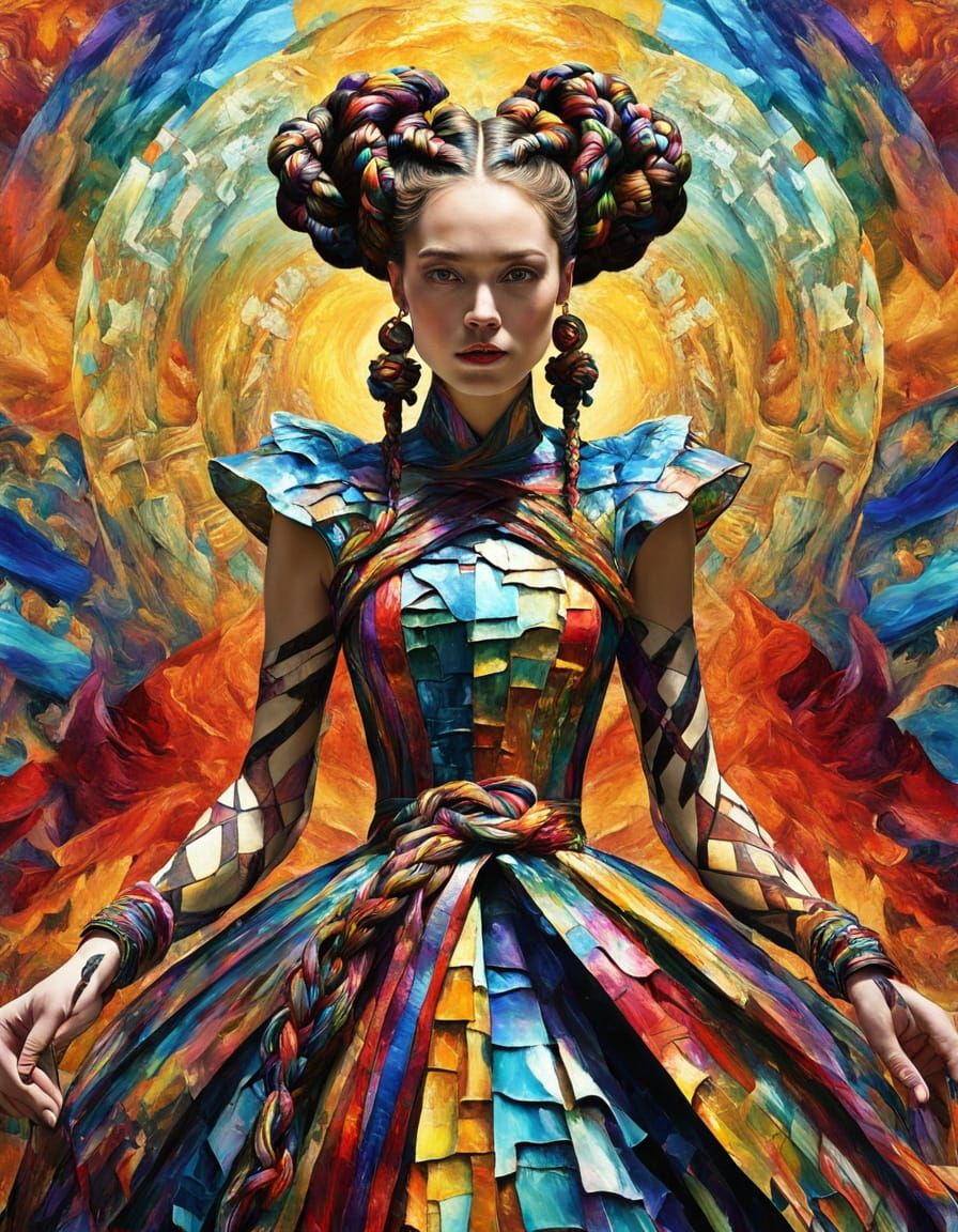 Goddess with Giant Braids in Psychedelic Landscape