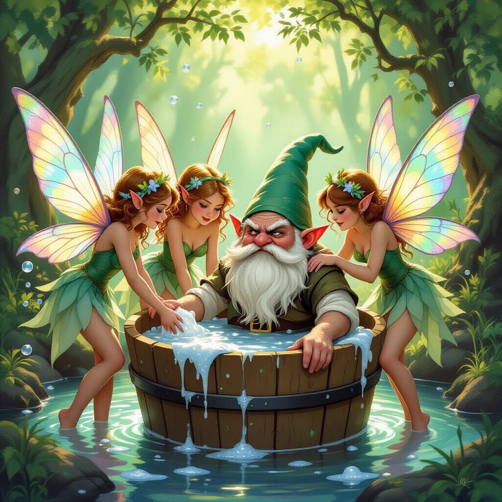 Fairies Hilariously Scrub Grumpy Gnome in Fantasy Art
