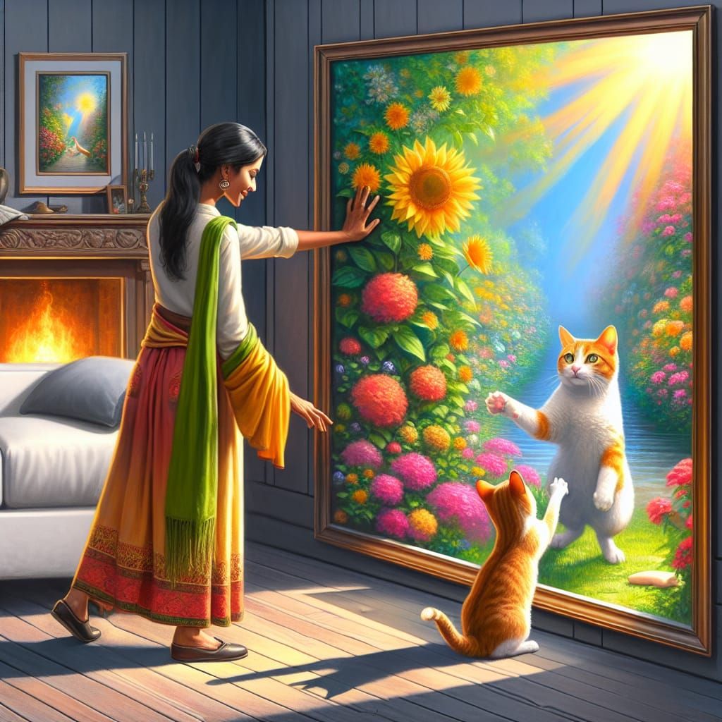 Woman Invites Cat into Framed Painting World