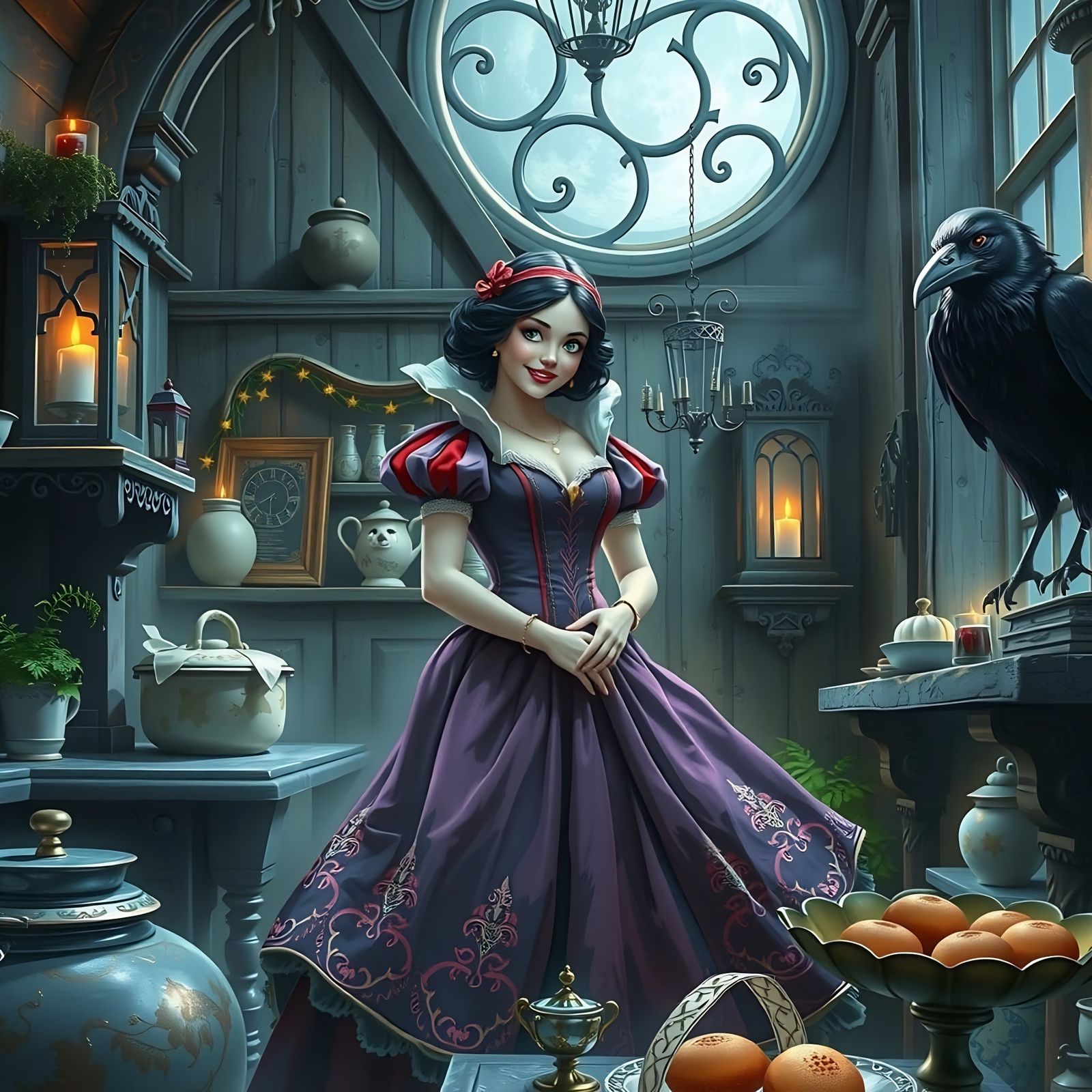 Gothic Disney Snow White Smiles in Lavish Kitchen