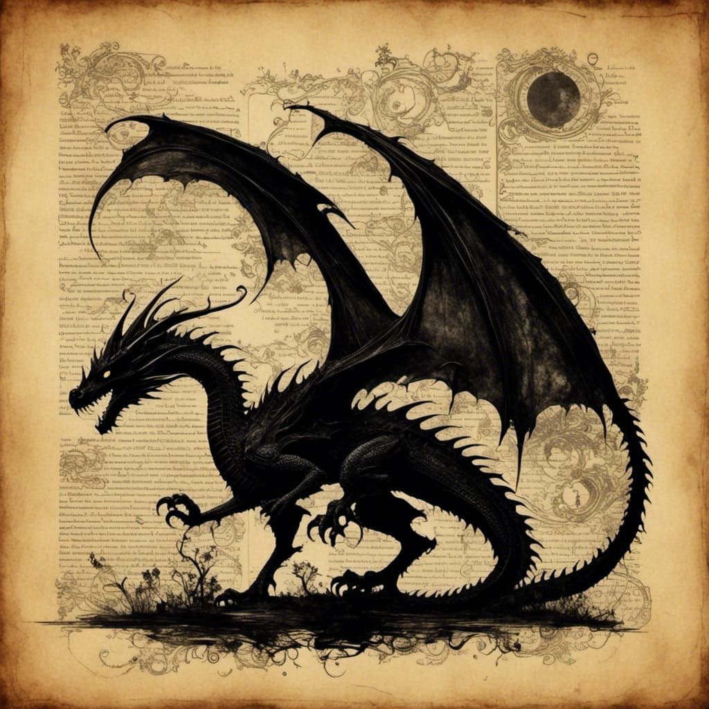 Mystical Dragon Silhouette on Ancient Scroll