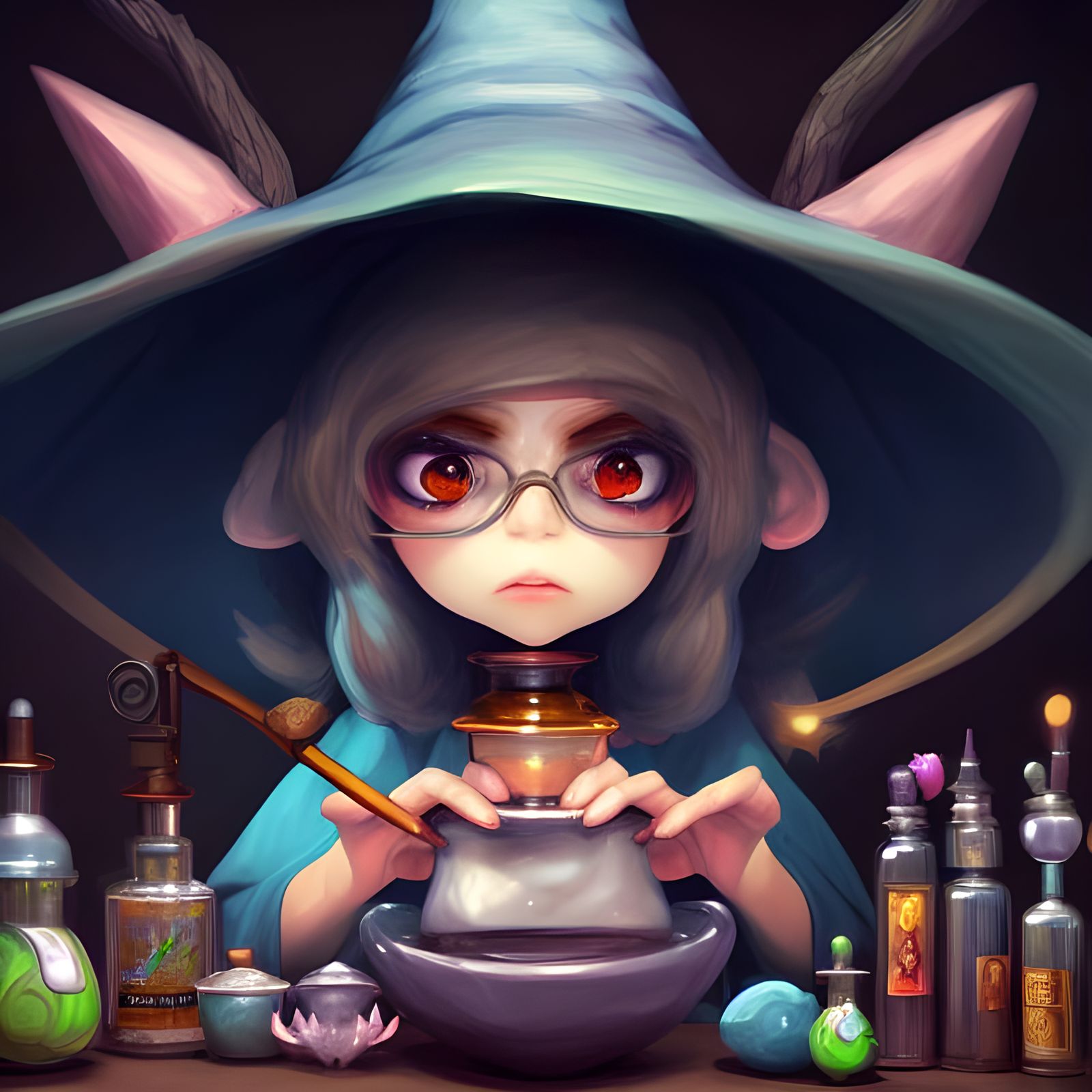Adorable Chibi Witch Making Potions: Digital Illustration