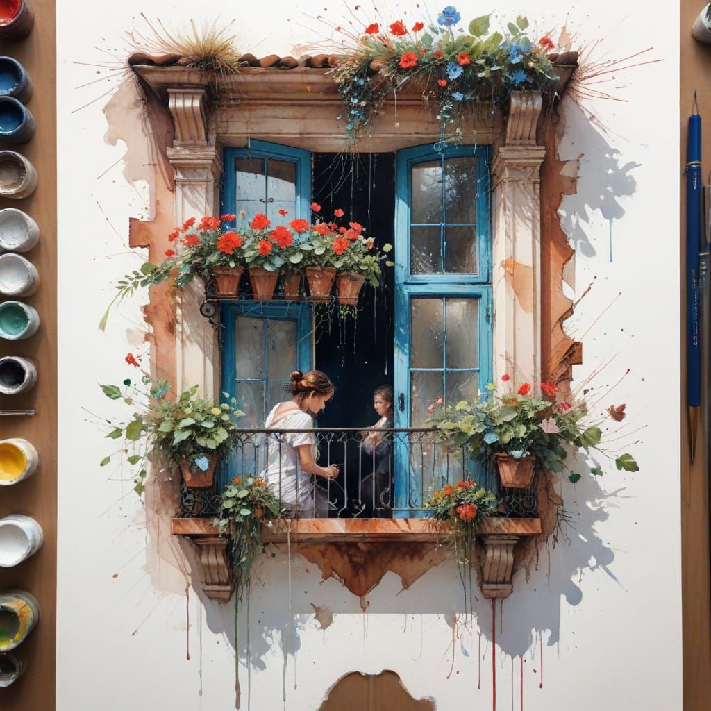 Rainy Sicilian Balcony Scene with Geraniums in Watercolour S...