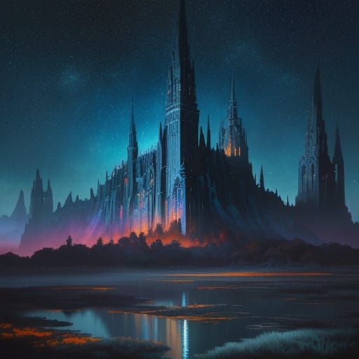 Epic Watercolor Architecture in a Dreamlike, Starry Night Sk...