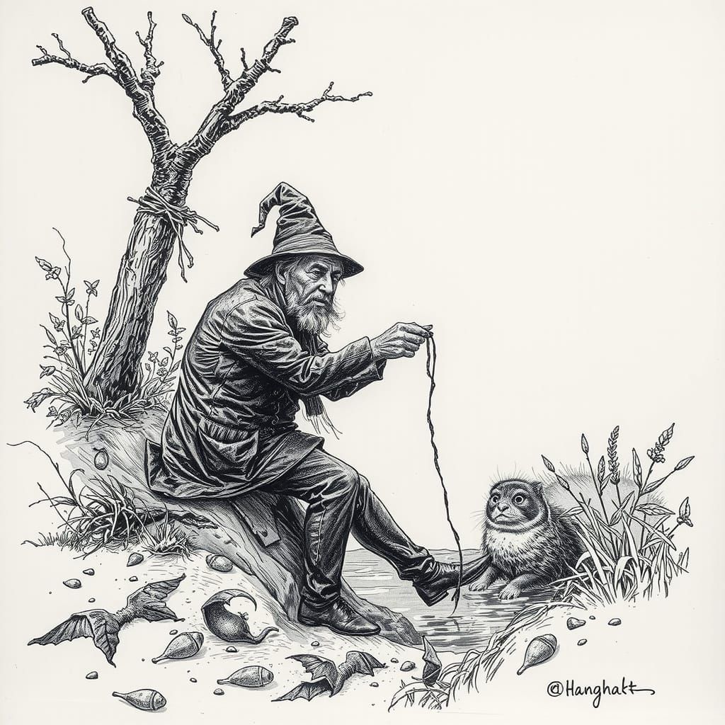 Etched Sketch of a Witch Watching a Match