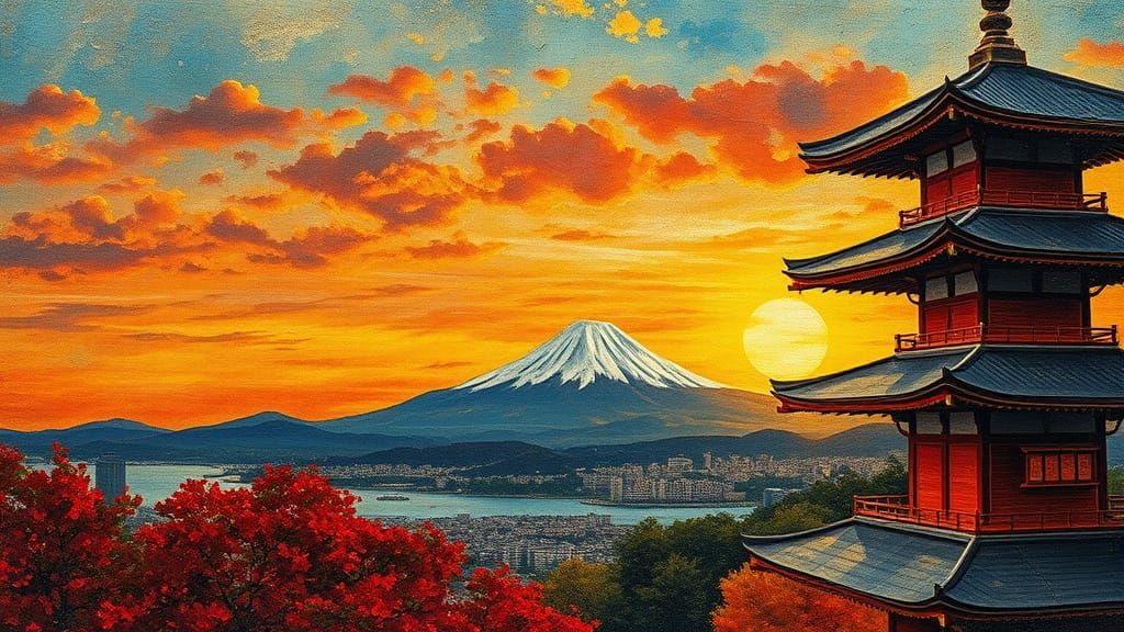 Surreal Sunset over Mount Fuji in Klimt-Inspired Style