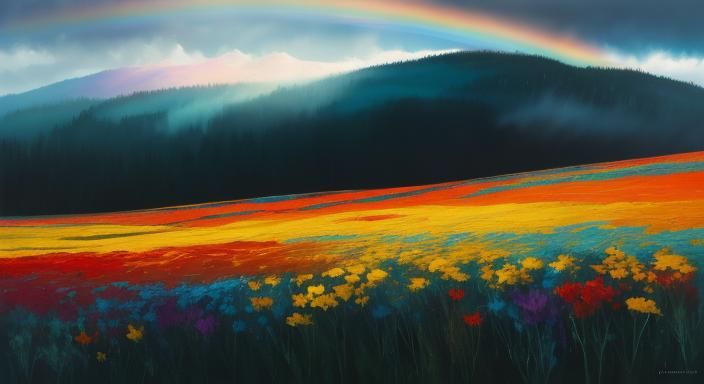 Abstract Expressionist Meadow Under Rainbow Sky