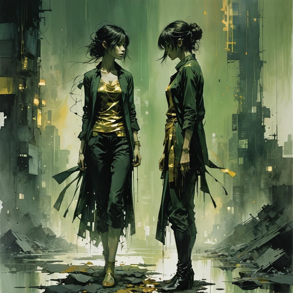 Dual Female Figure in Minimalist Abstract Dark Fantasy