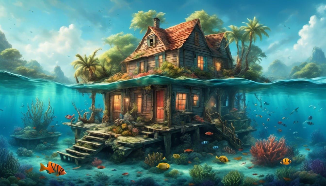 Realistic Underwater Scene with Coral Reefs and Island Shack