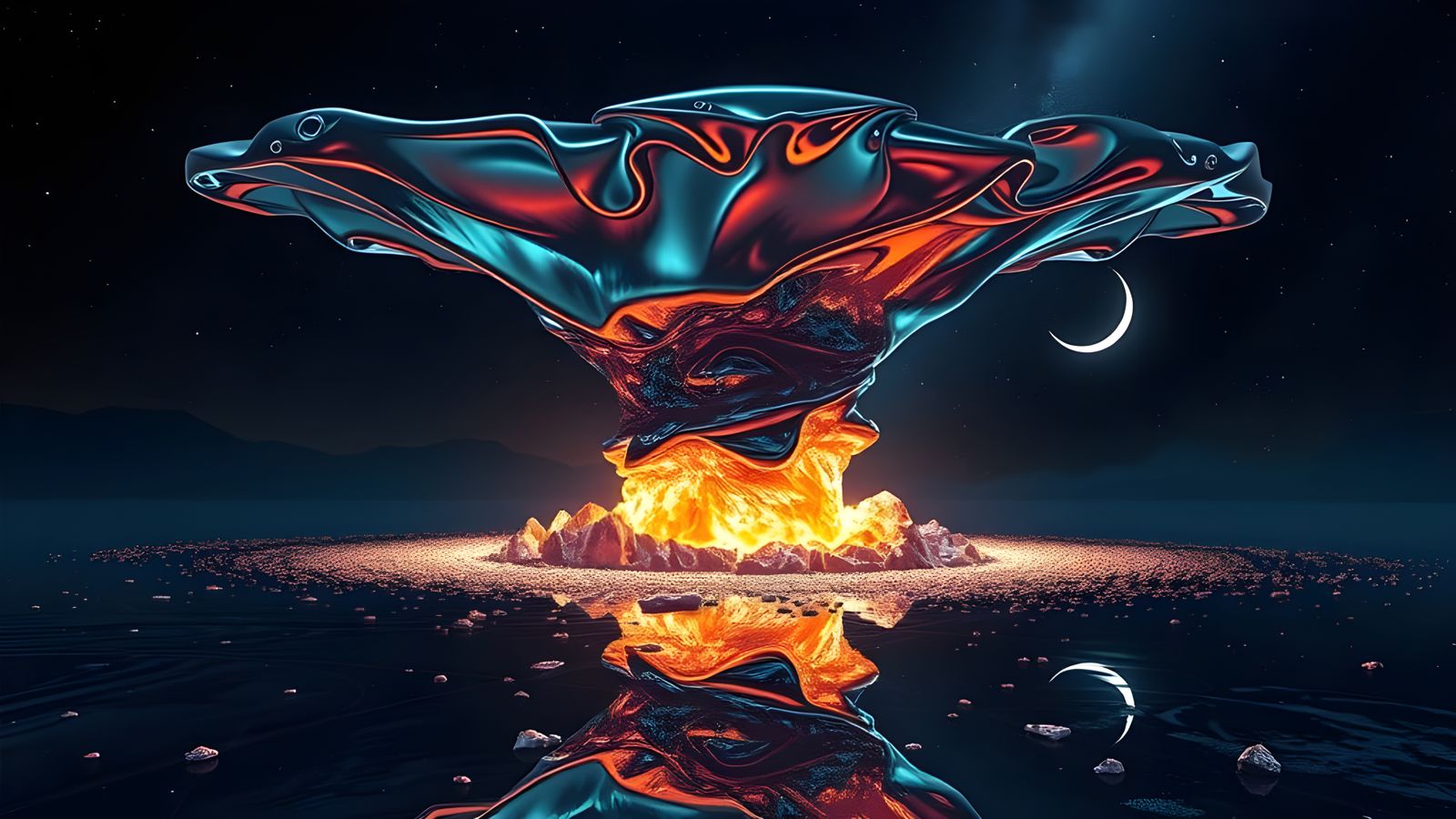 Colossal Liquid Metal Tornado in Mirrored Landscape