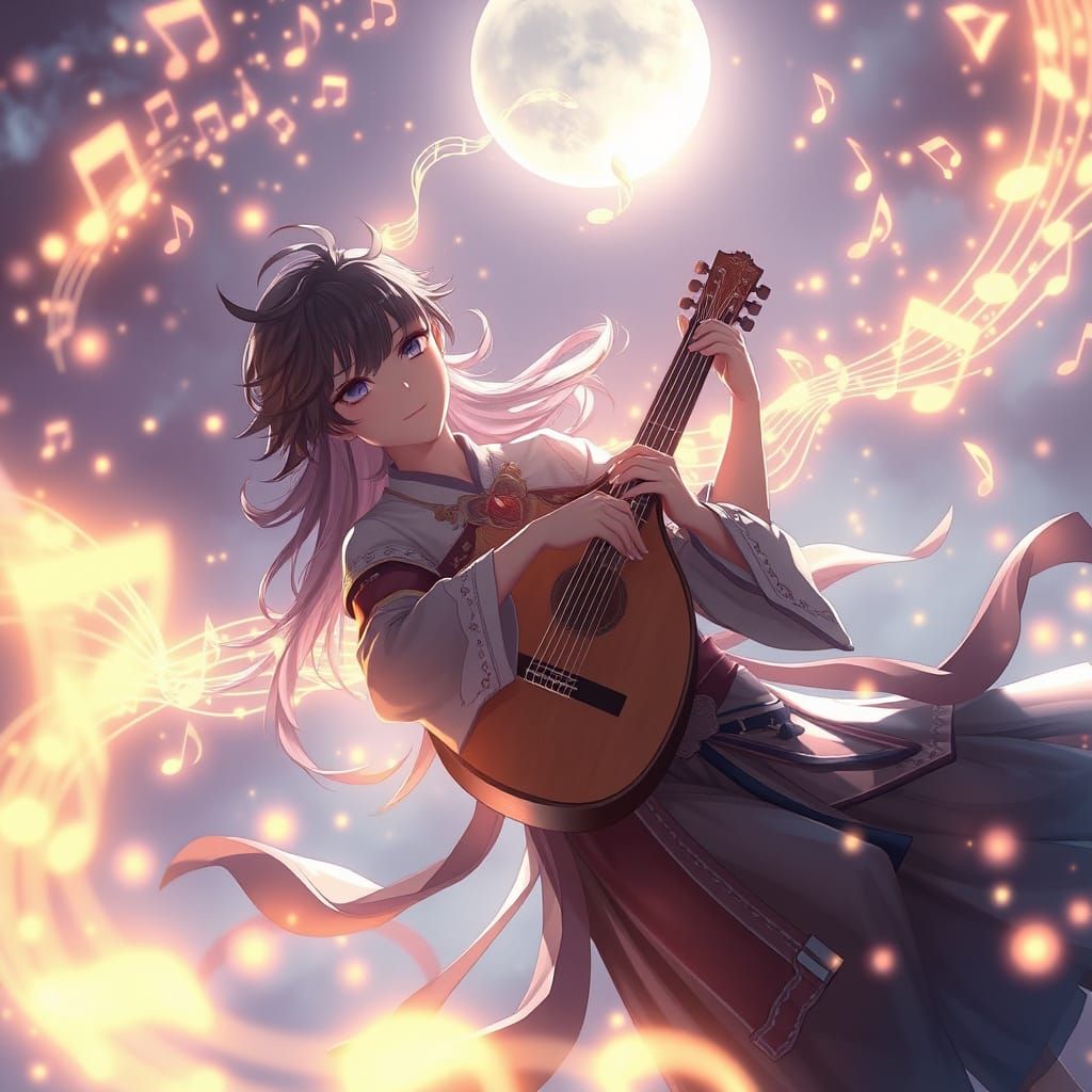 Lute Player Soars Through Moonlight Releasing Luminous Symph...