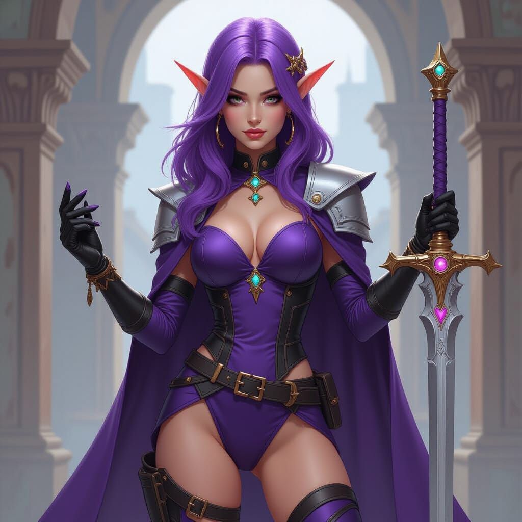 Purple-Haired Elf with Sword in Fantasy Oil Painting