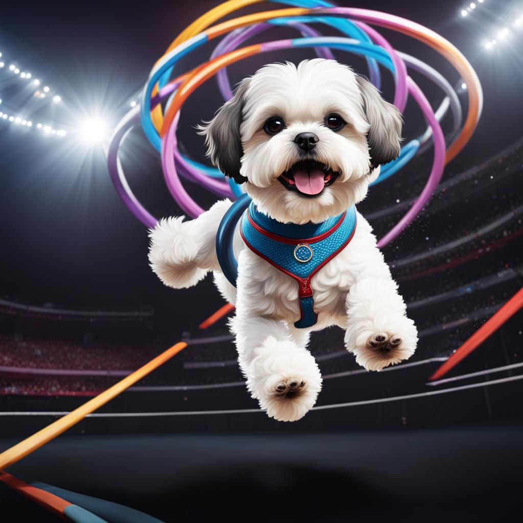 My dog "Apollo" a Bichon-Shih tzu in an outfit jumping through rings of  the Olympics!!
