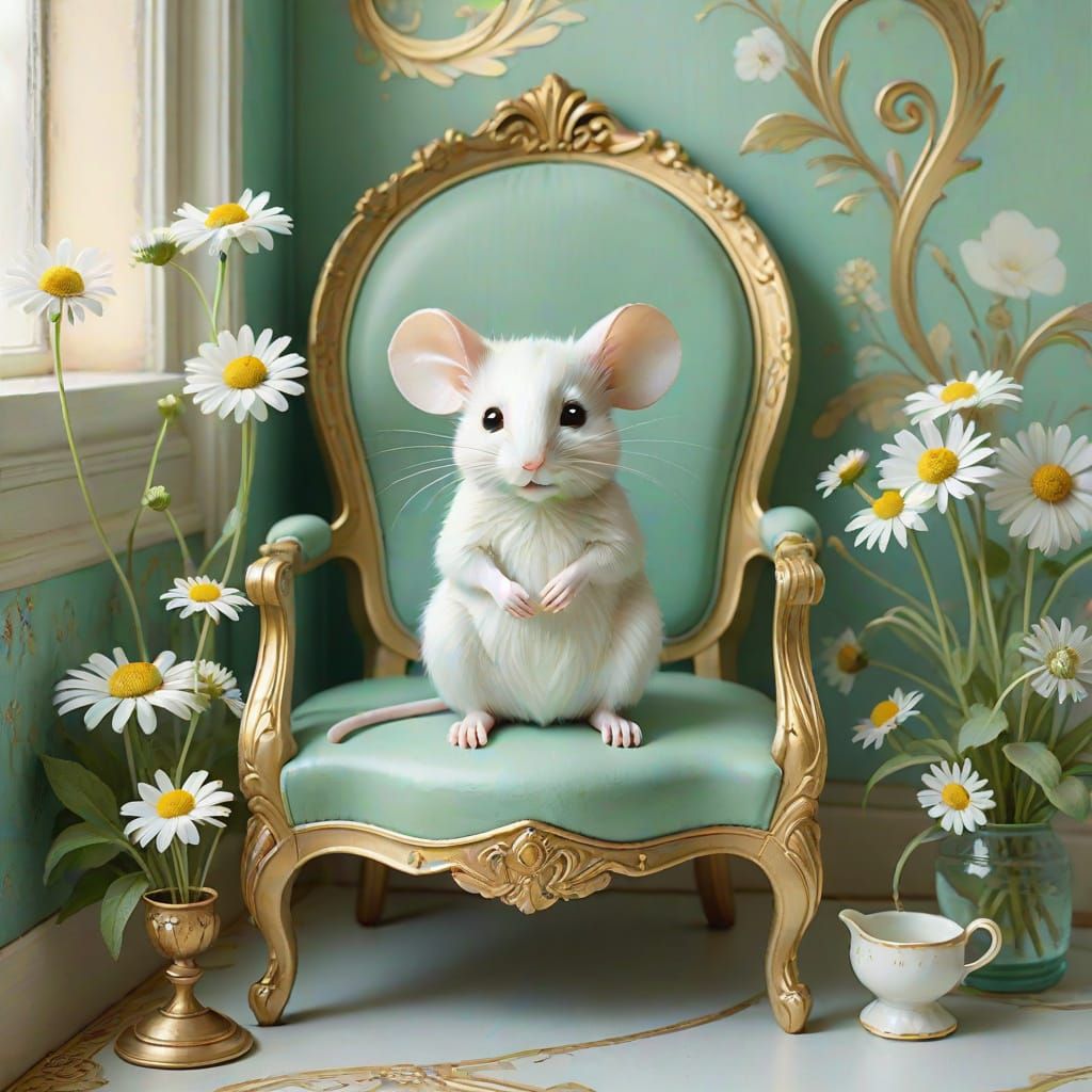 Whimsical French Art Nouveau Mouse in a Dreamy, Ethereal Set...