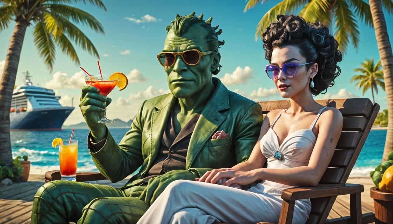 Monsters Relaxing on a Caribbean Cruise Ship