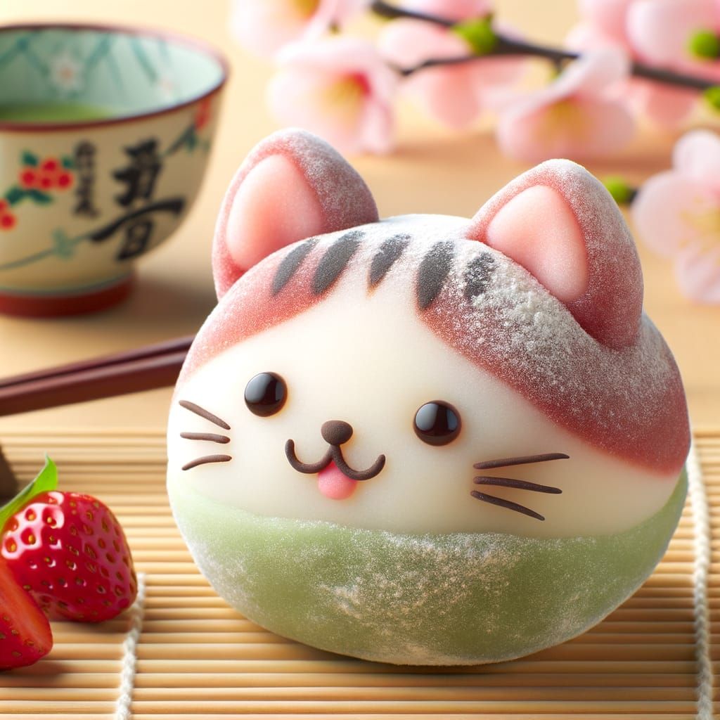 Cat-Themed Daifuku Mochi in Japanese Setting