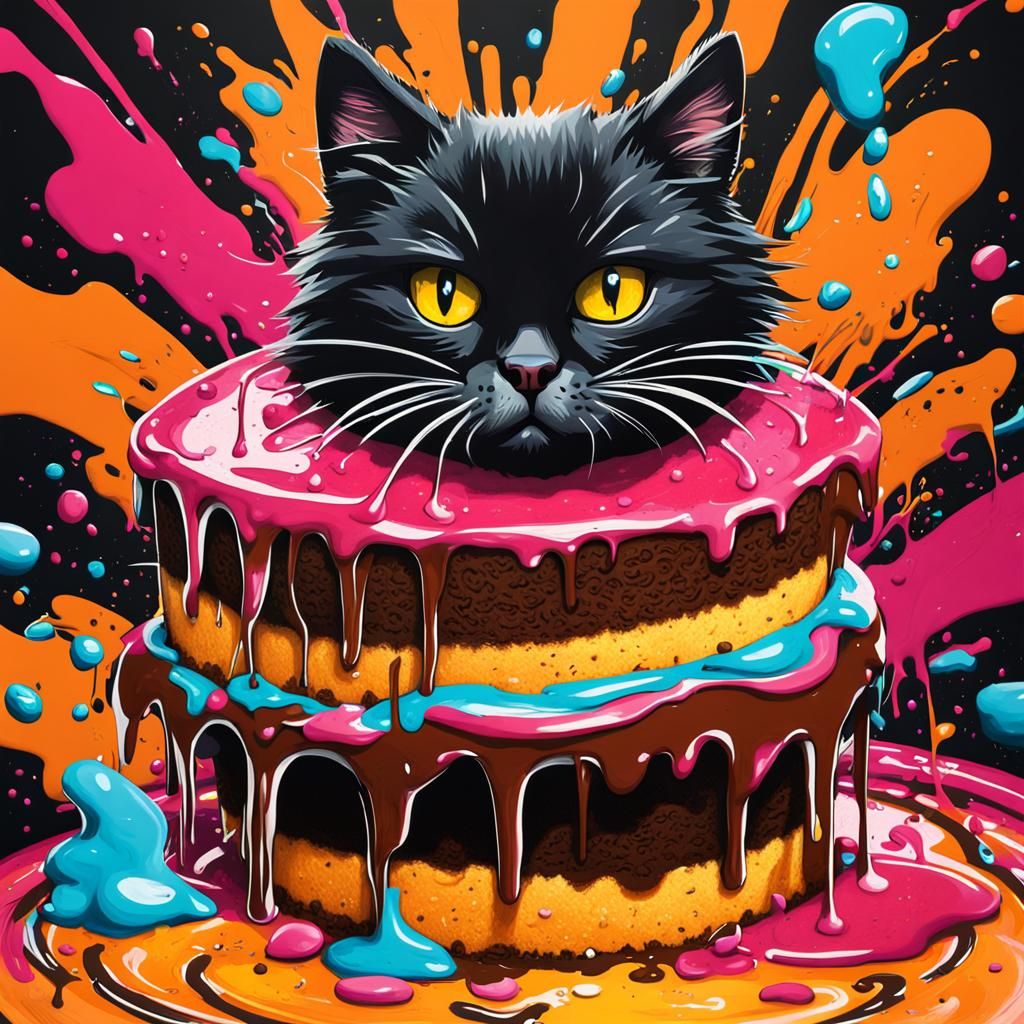 Cat Leaps into Cake: Graffiti Splash Art