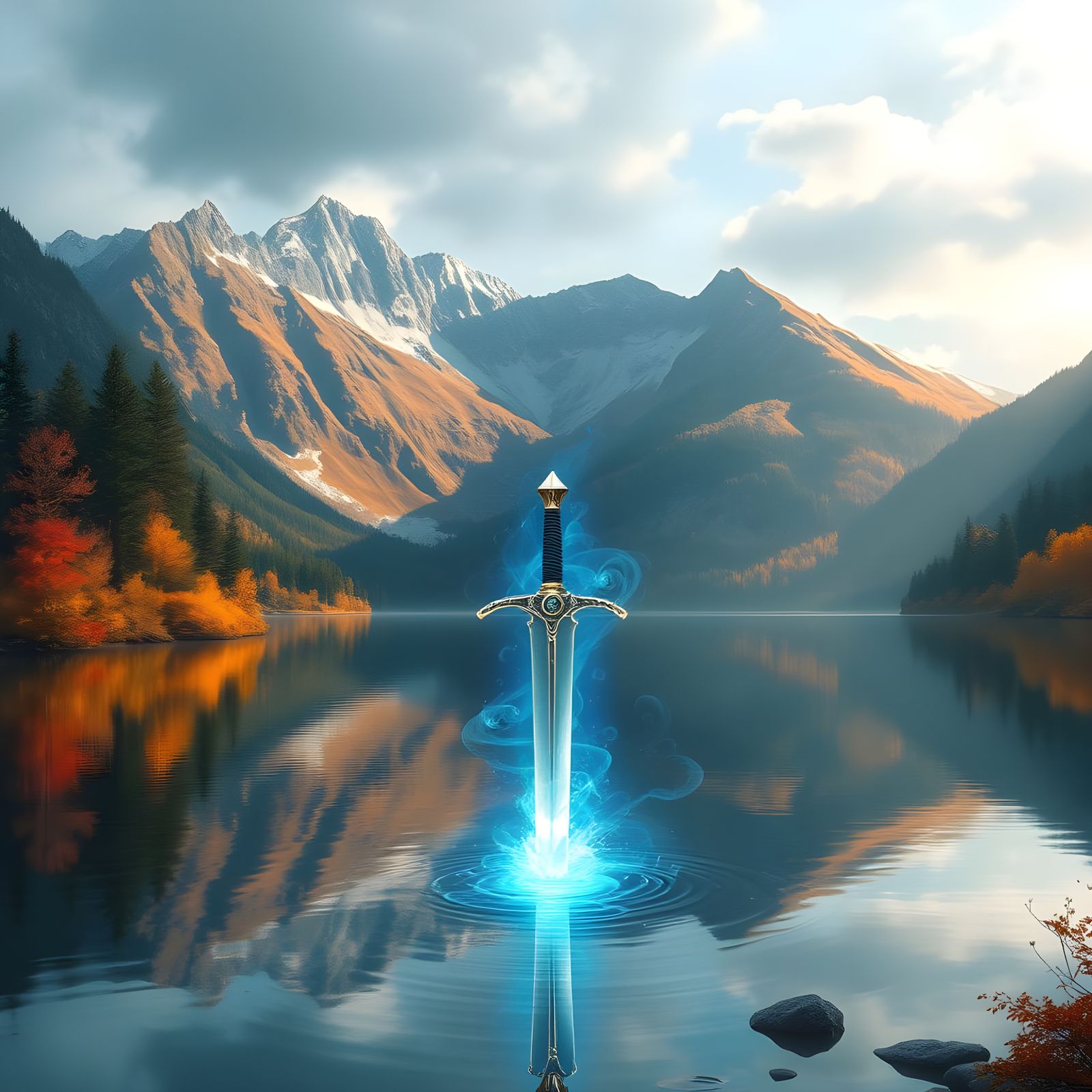 Majestic Autumn Lake with Sword and Faeries