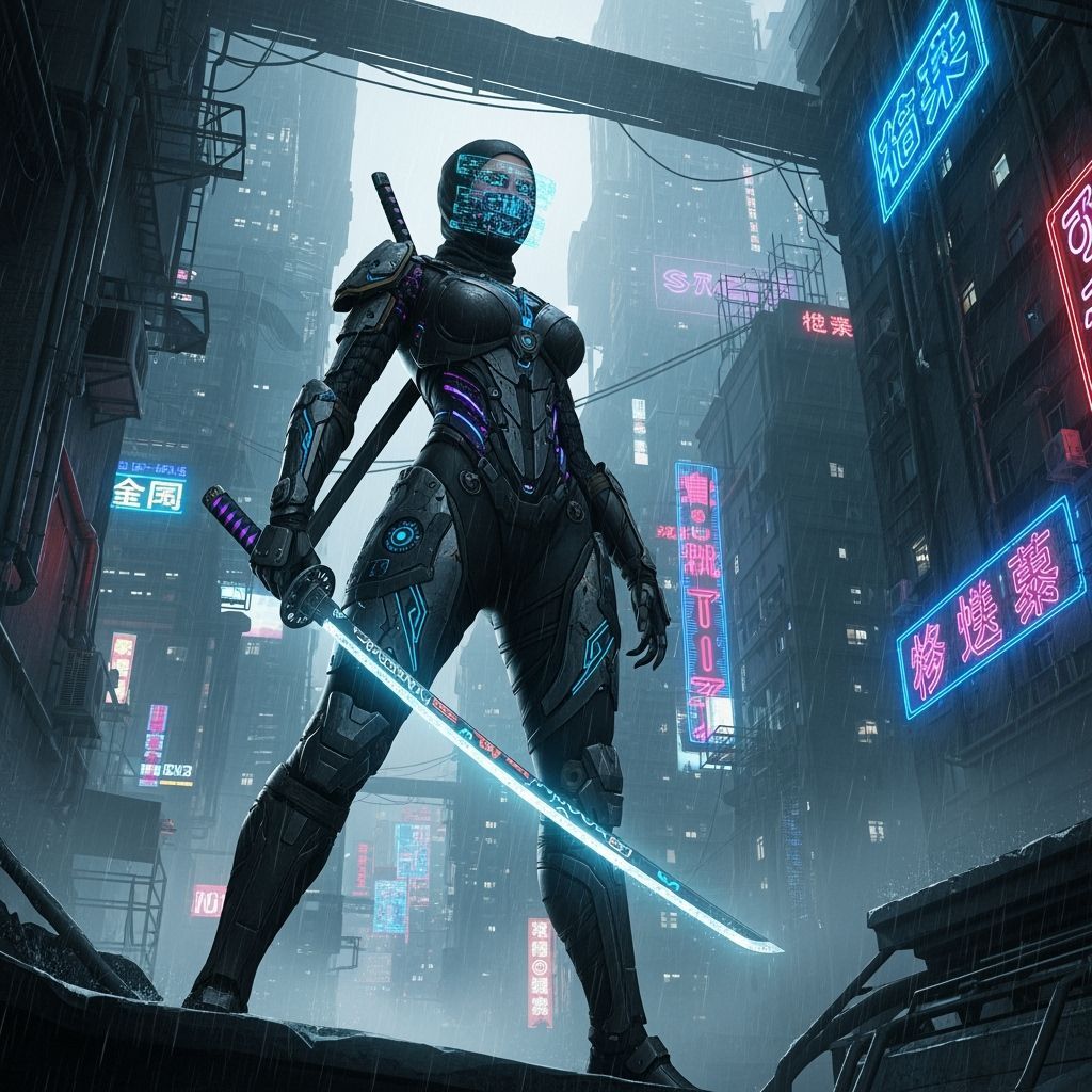 Ninja in Cyberpunk City with Neon Lights