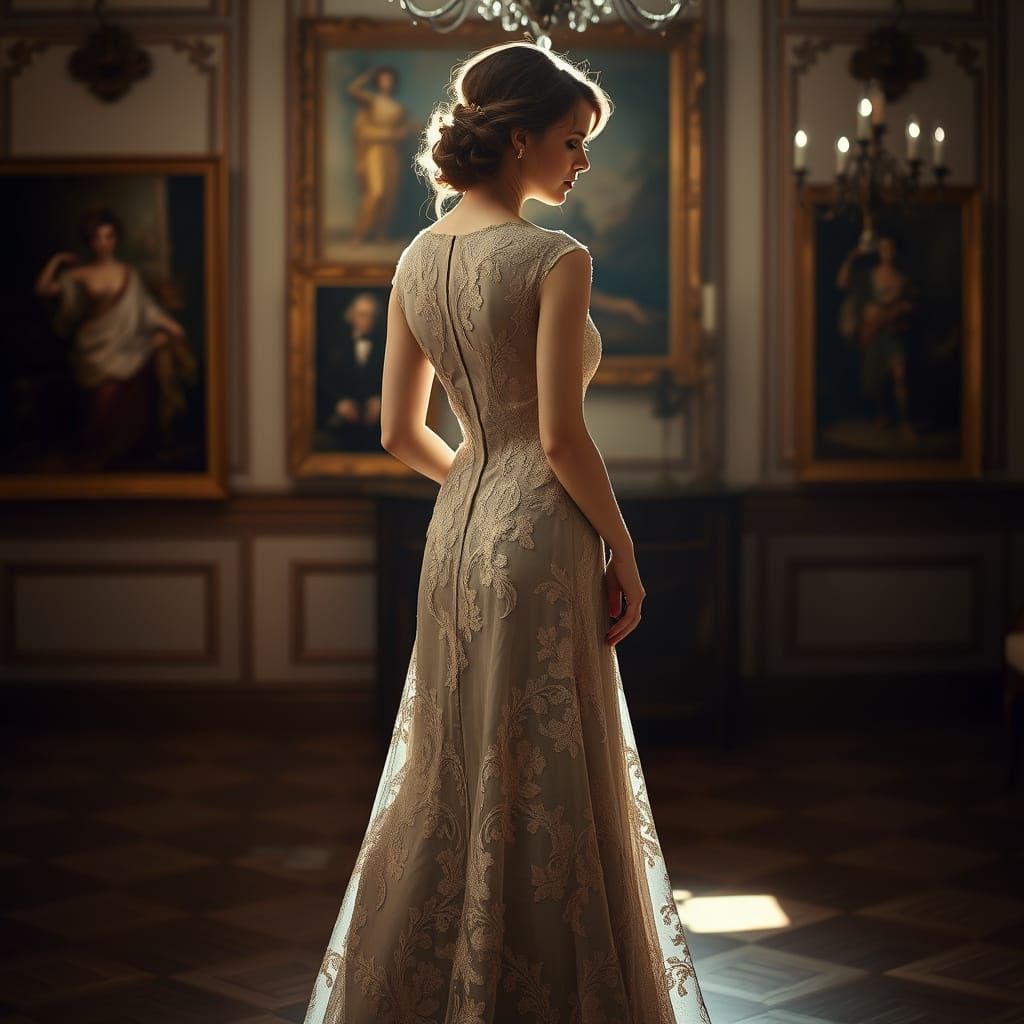 Elegant Woman in Vintage Gown Back View