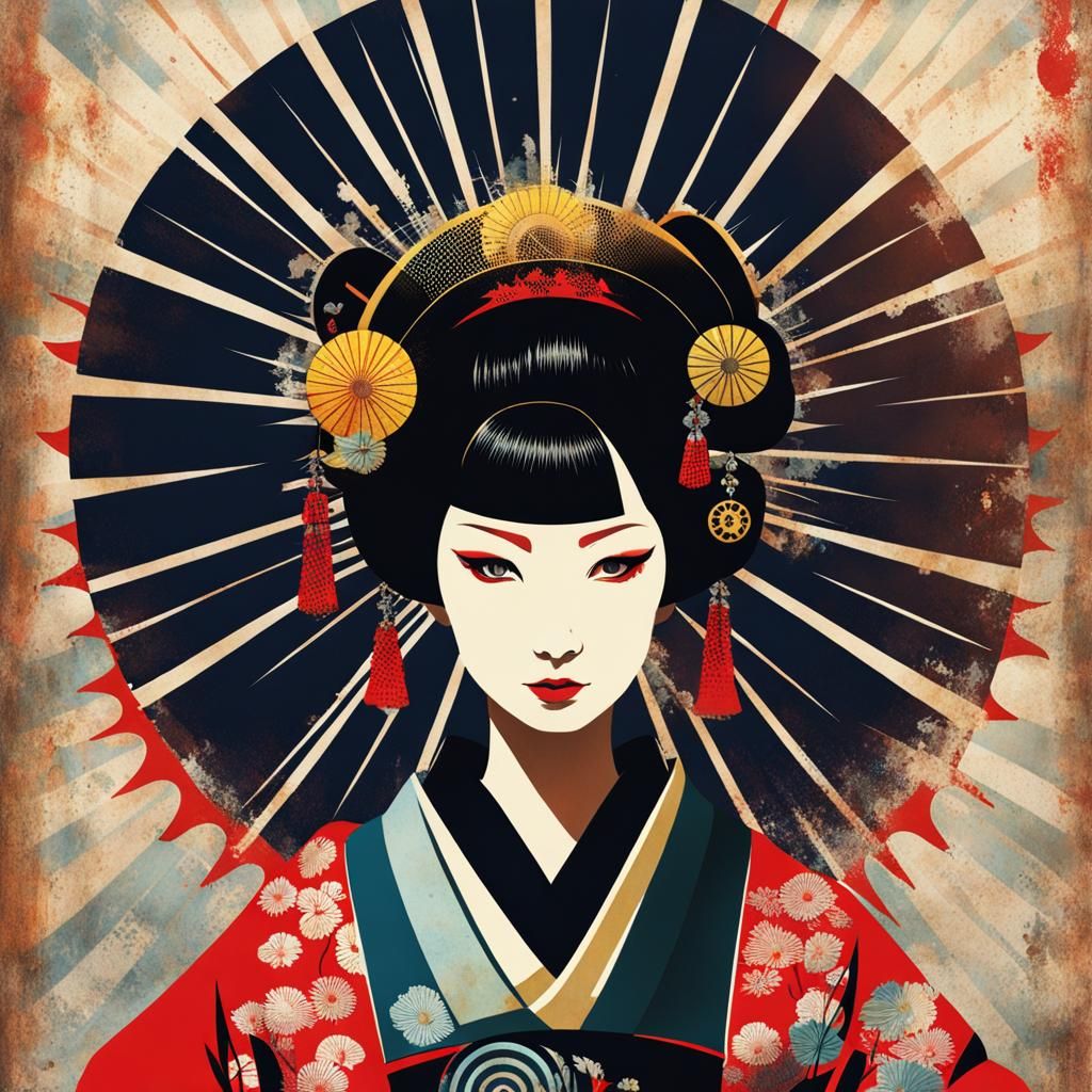 Solar Punk Geisha Monoprint in Post-Apocalyptic Setting