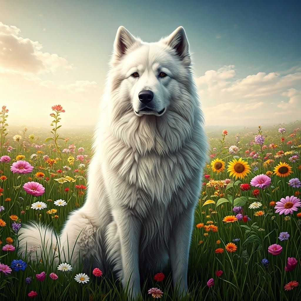 Fluffy Dog in a Flower Meadow: Hyperrealistic Photography