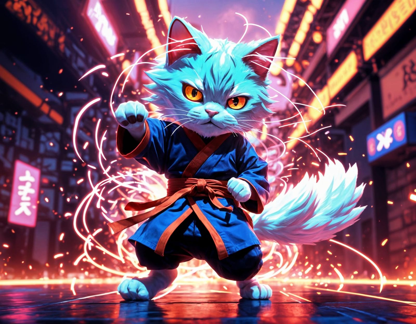 Karate Cat Mid-Air Kick in 3D Anime Style