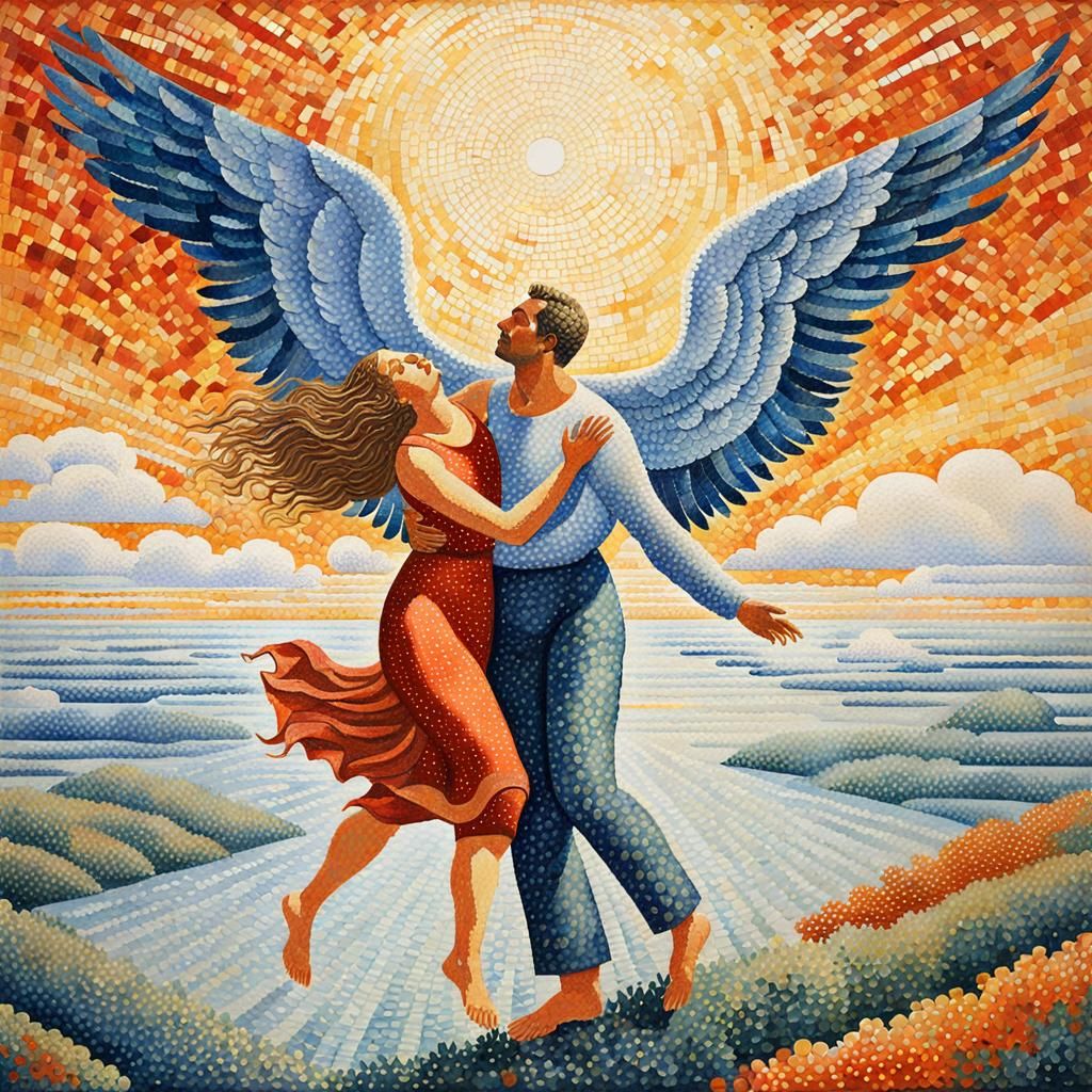 Icarus and Woman in Pointillist Art Deco Style