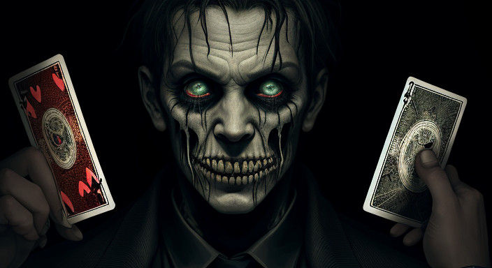 Distorted Poker Player in a Haunting, Hyperrealistic Horror....