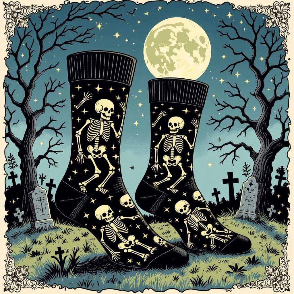 Skeletal Dance: Graveyard Socks in Tattoo Flash Art Style