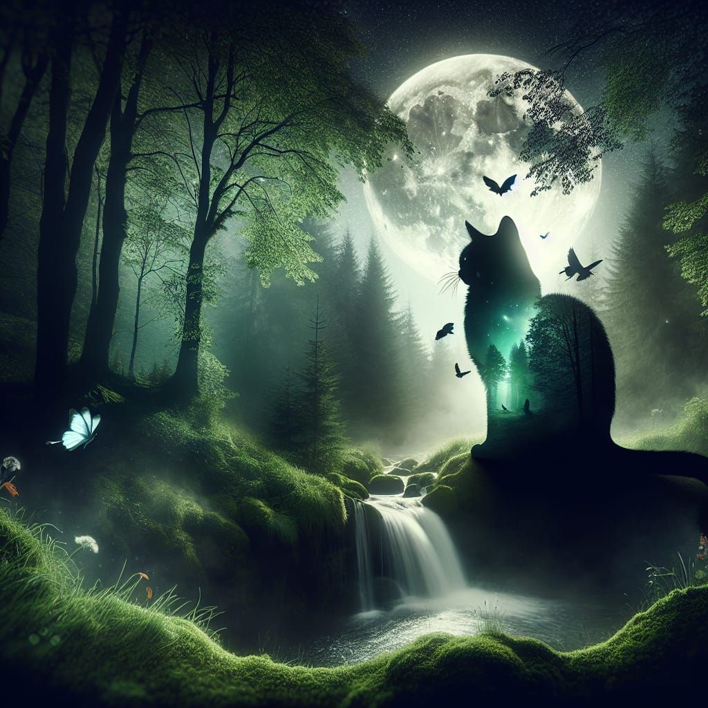 Mystical Black Cat Forest Double Exposure