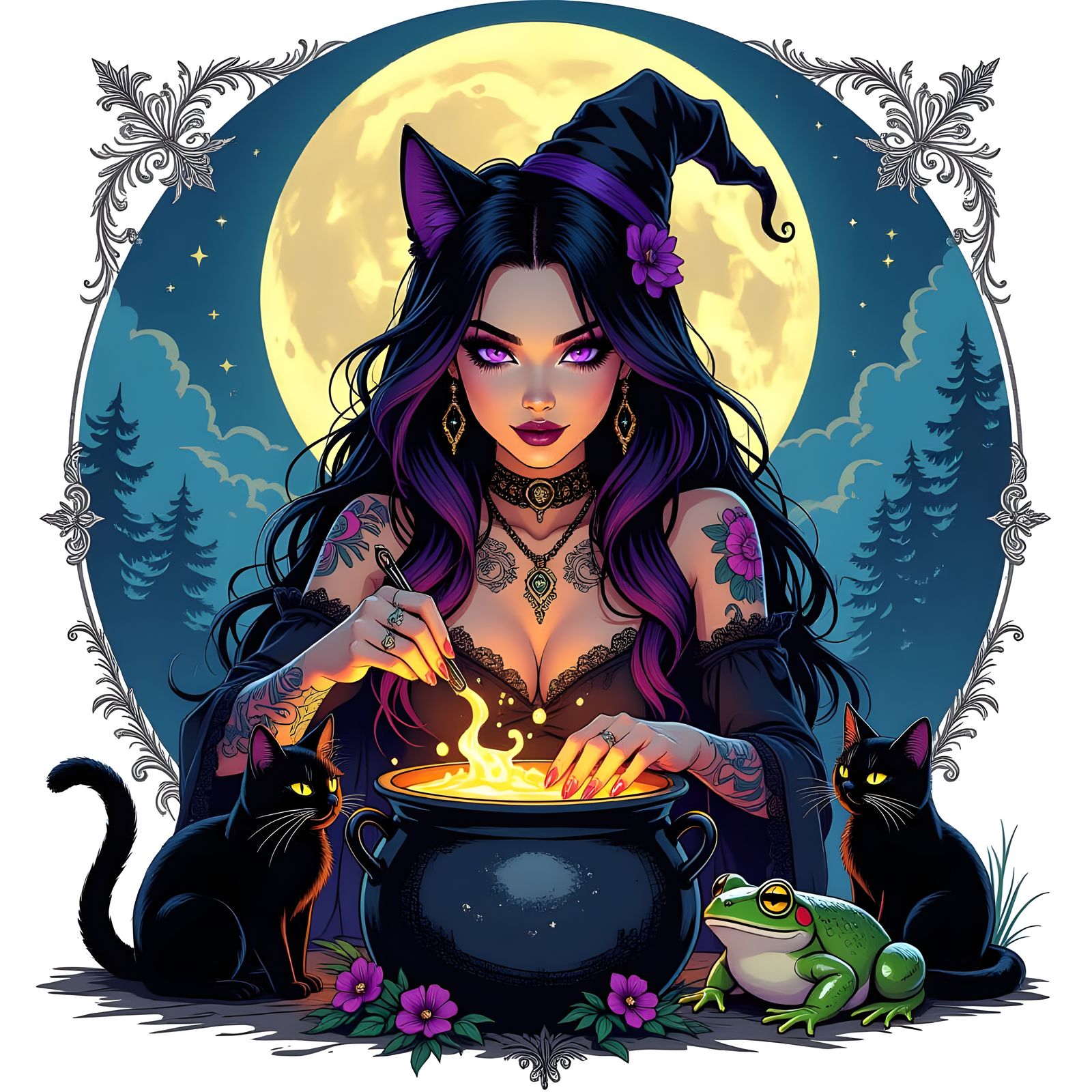 Gothic Witch Mixing Cauldron Under Full Moon