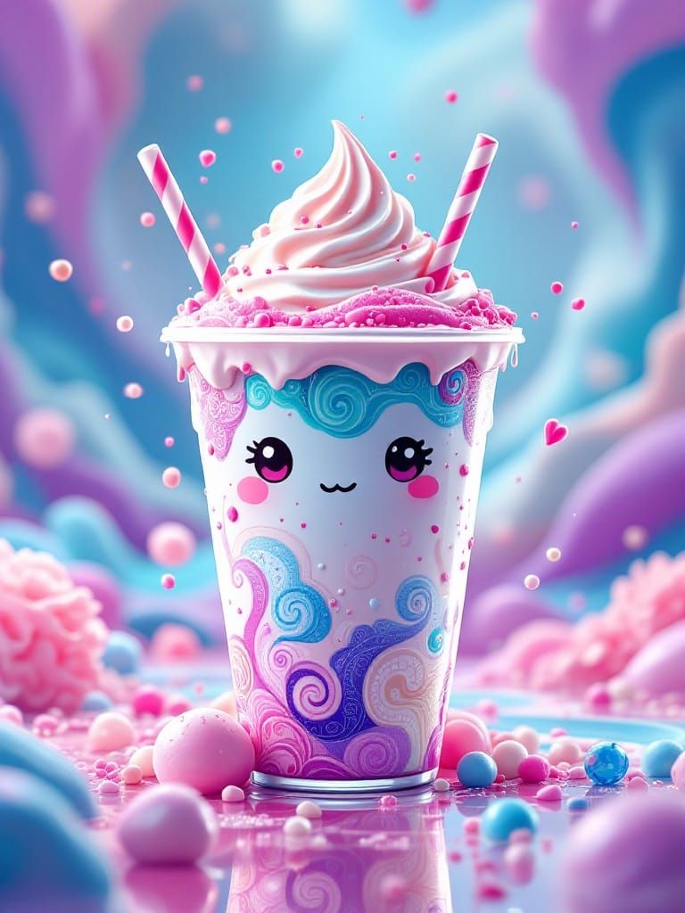 Whimsical Chibi Milkshake in a Vibrant Dreamscapes