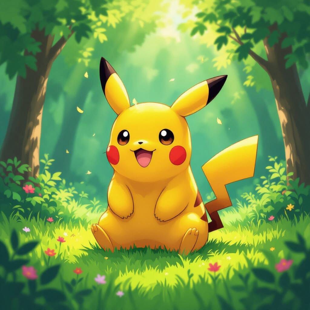 Playful Pikachu in a Sunlit Forest, Animated Style