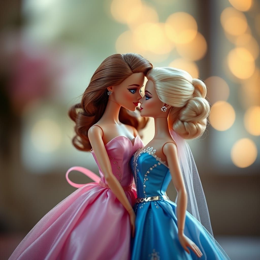 Barbie Dolls Share a Kiss in Elegant Gowns